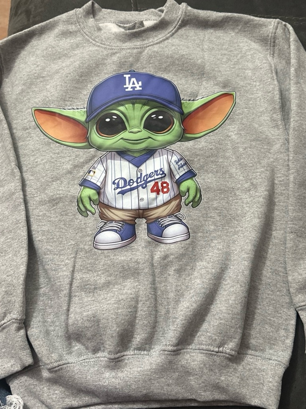 Gildan Gray Sweatshirt with Green Character in Blue Dodgers Cap